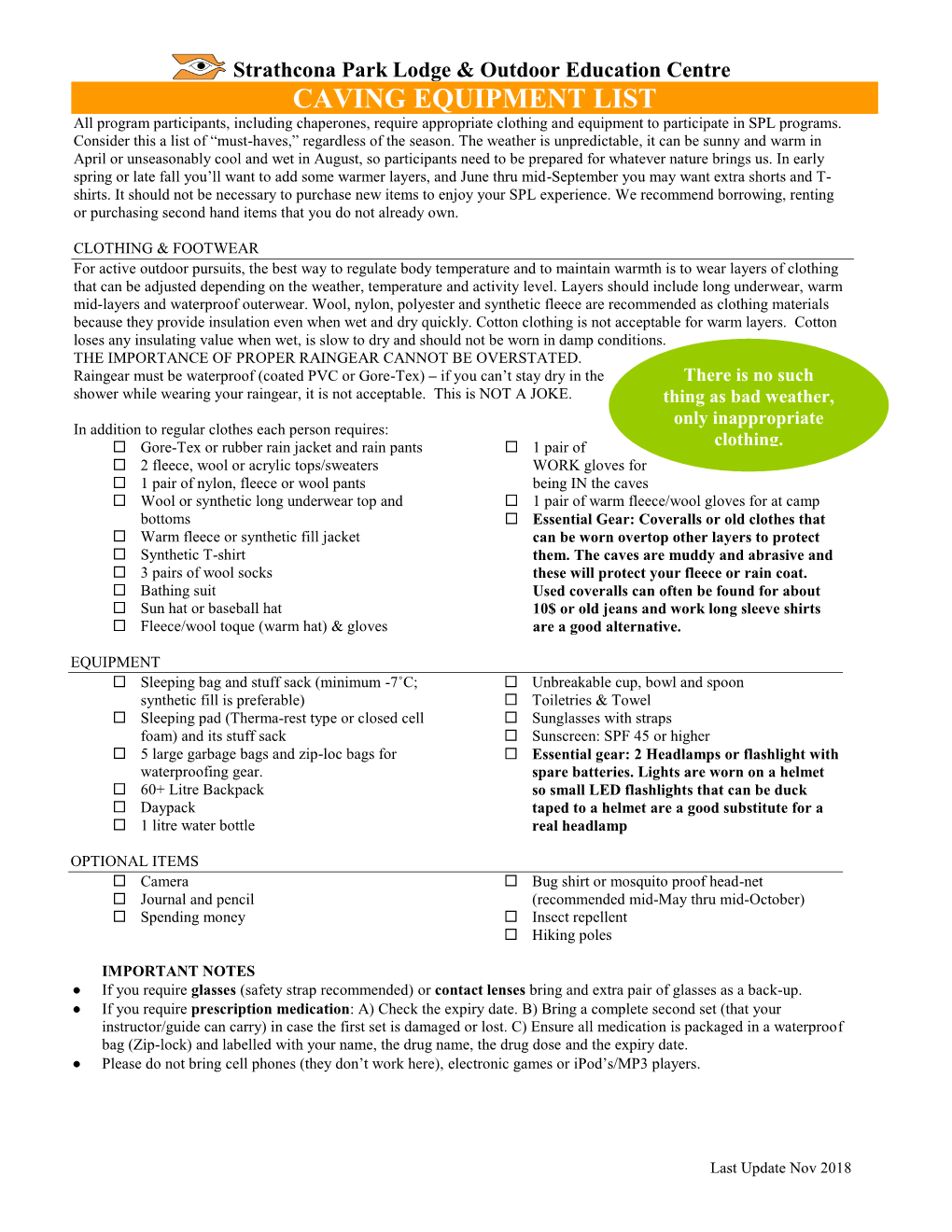 CAVING EQUIPMENT LIST All Program Participants, Including Chaperones, Require Appropriate Clothing and Equipment to Participate in SPL Programs