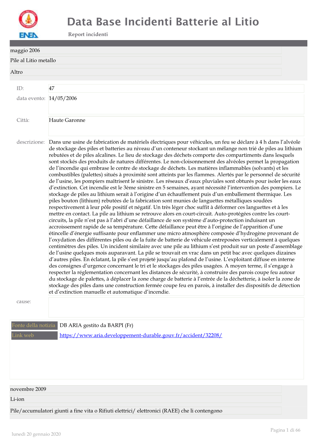 Data Base Incidenti Batterie Al Litio Report Incidenti Maggio 2006 Pile Al Litio Metallo