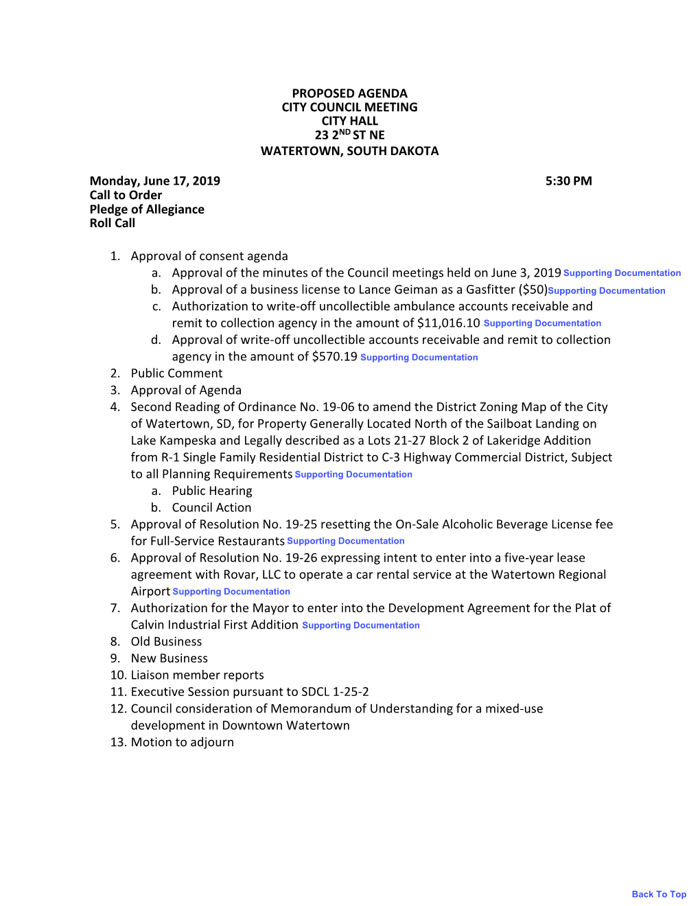 Proposed Agenda City Council Meeting City Hall 23 2Nd St Ne Watertown, South Dakota