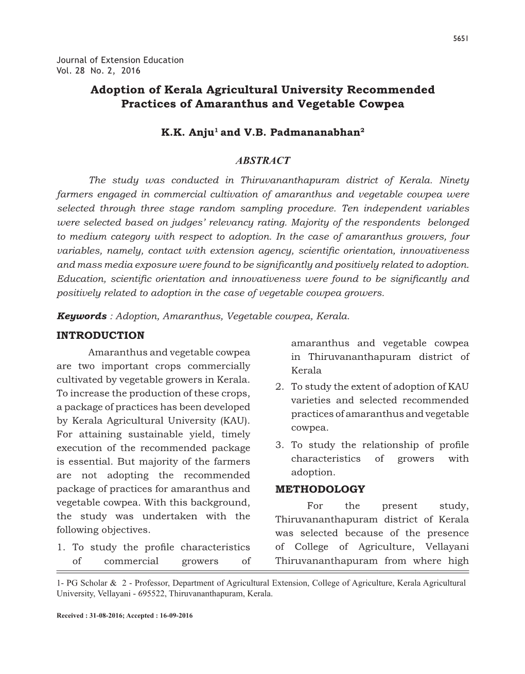 Adoption of Kerala Agricultural University Recommended Practices of Amaranthus and Vegetable Cowpea