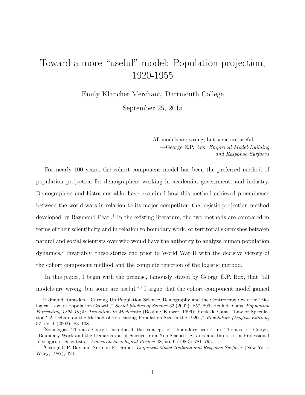 Toward a More “Useful” Model: Population Projection, 1920-1955