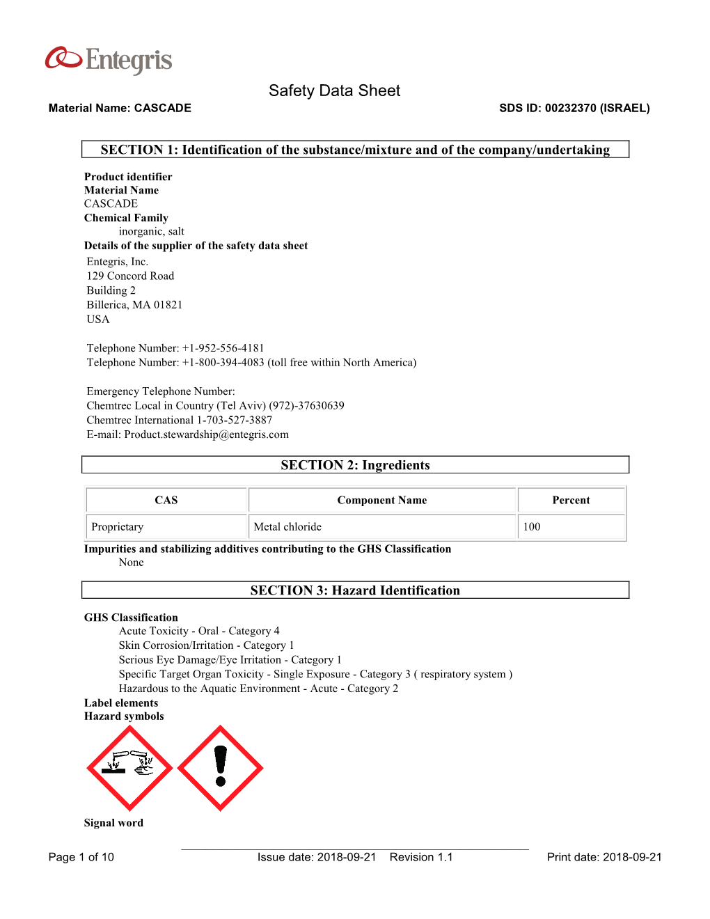 Safety Data Sheet Material Name: CASCADE SDS ID: 00232370 (ISRAEL)