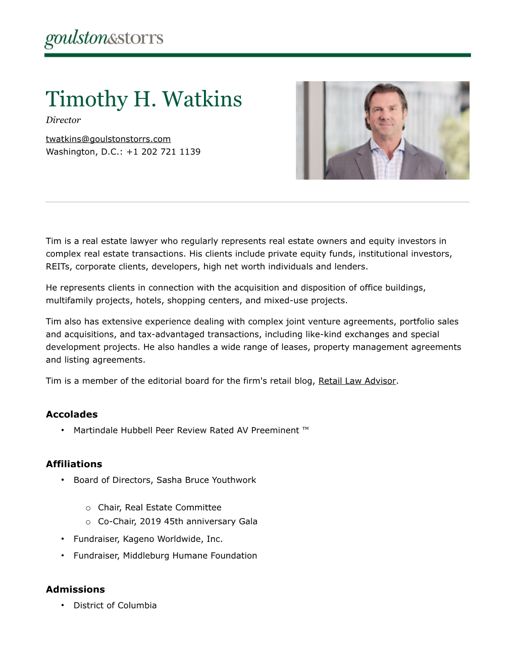 Timothy H. Watkins Director Twatkins@Goulstonstorrs.Com Washington, D.C.: +1 202 721 1139