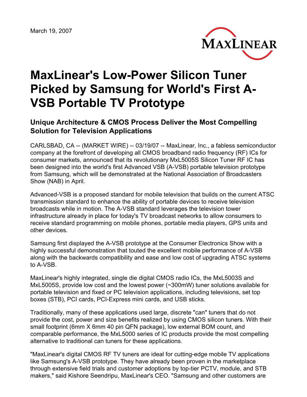 Maxlinear's Low-Power Silicon Tuner Picked by Samsung for World's First A- VSB Portable TV Prototype