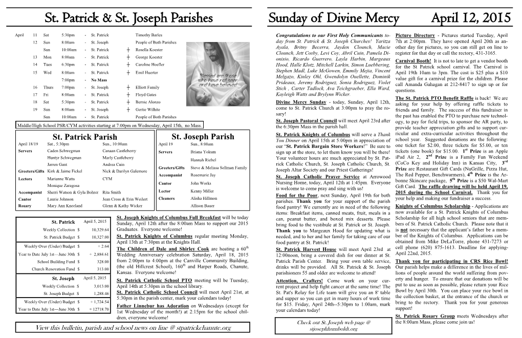 Sunday of Divine Mercy April 12, 2015 St. Patrick & St. Joseph Parishes