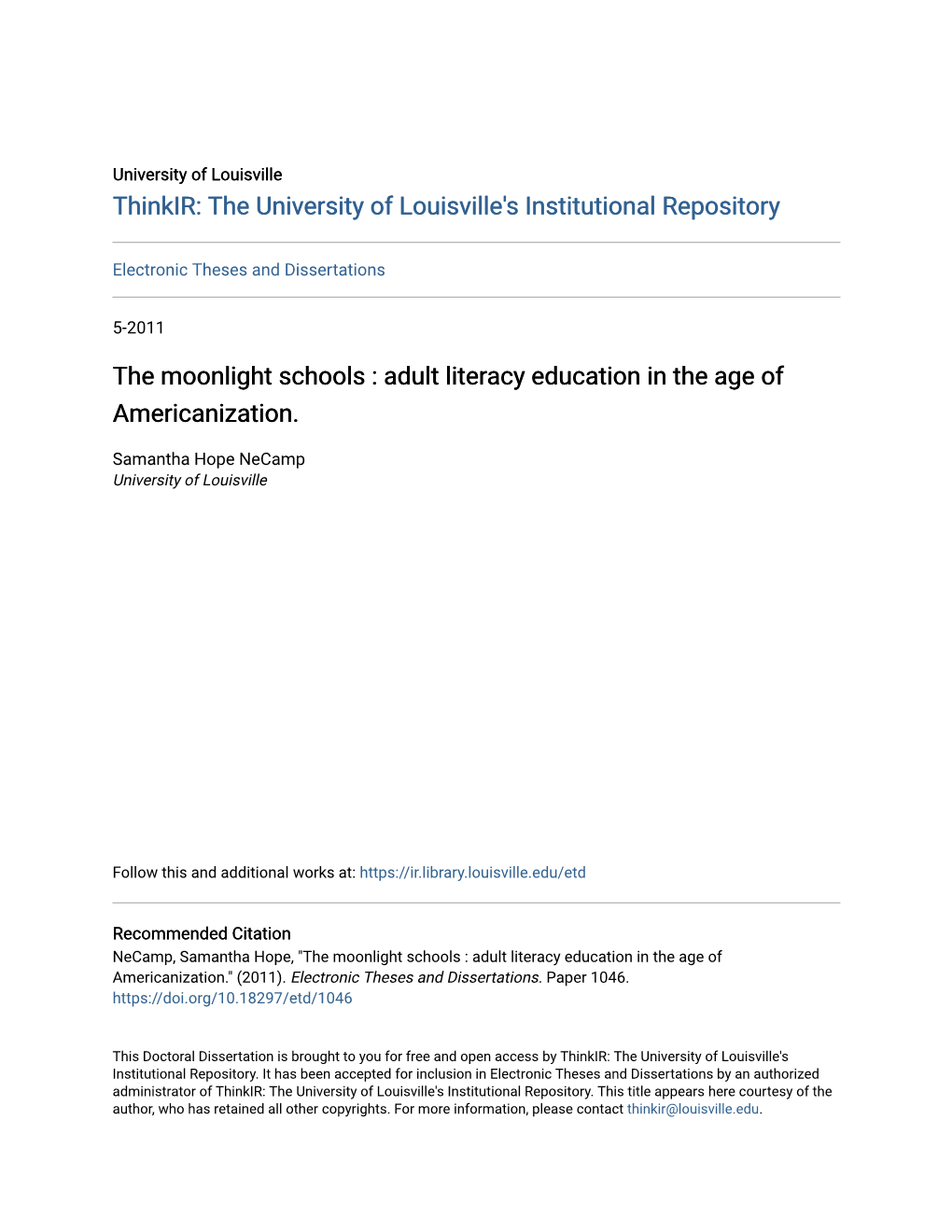 The Moonlight Schools : Adult Literacy Education in the Age of Americanization