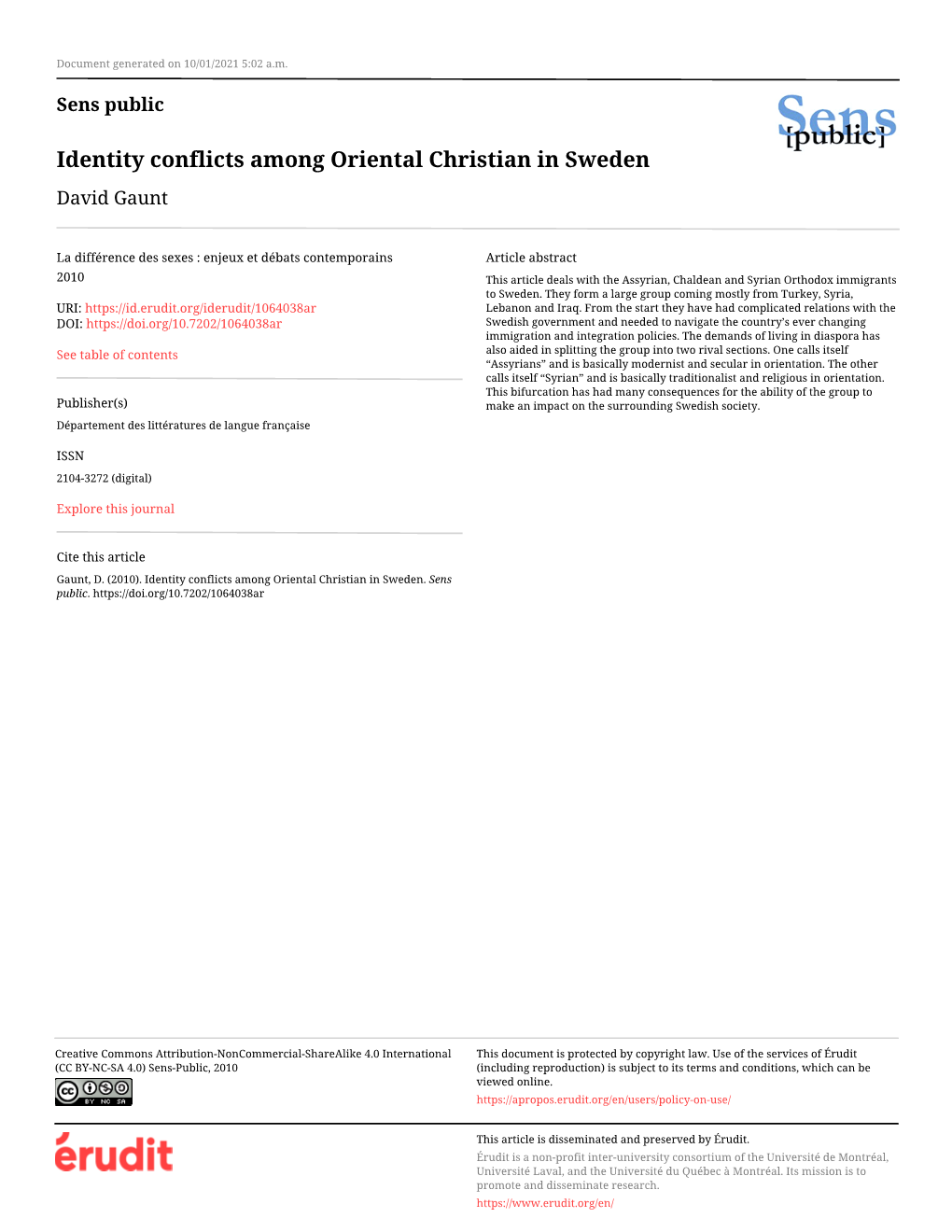 Identity Conflicts Among Oriental Christian in Sweden David Gaunt