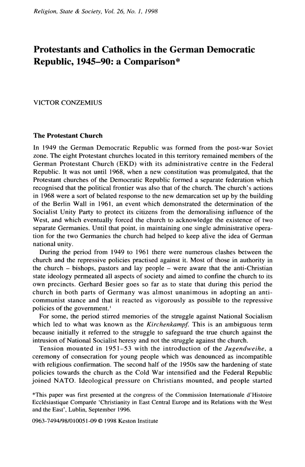 Protestants and Catholics in the German Democratic Republic, 1945-90: a Comparison*