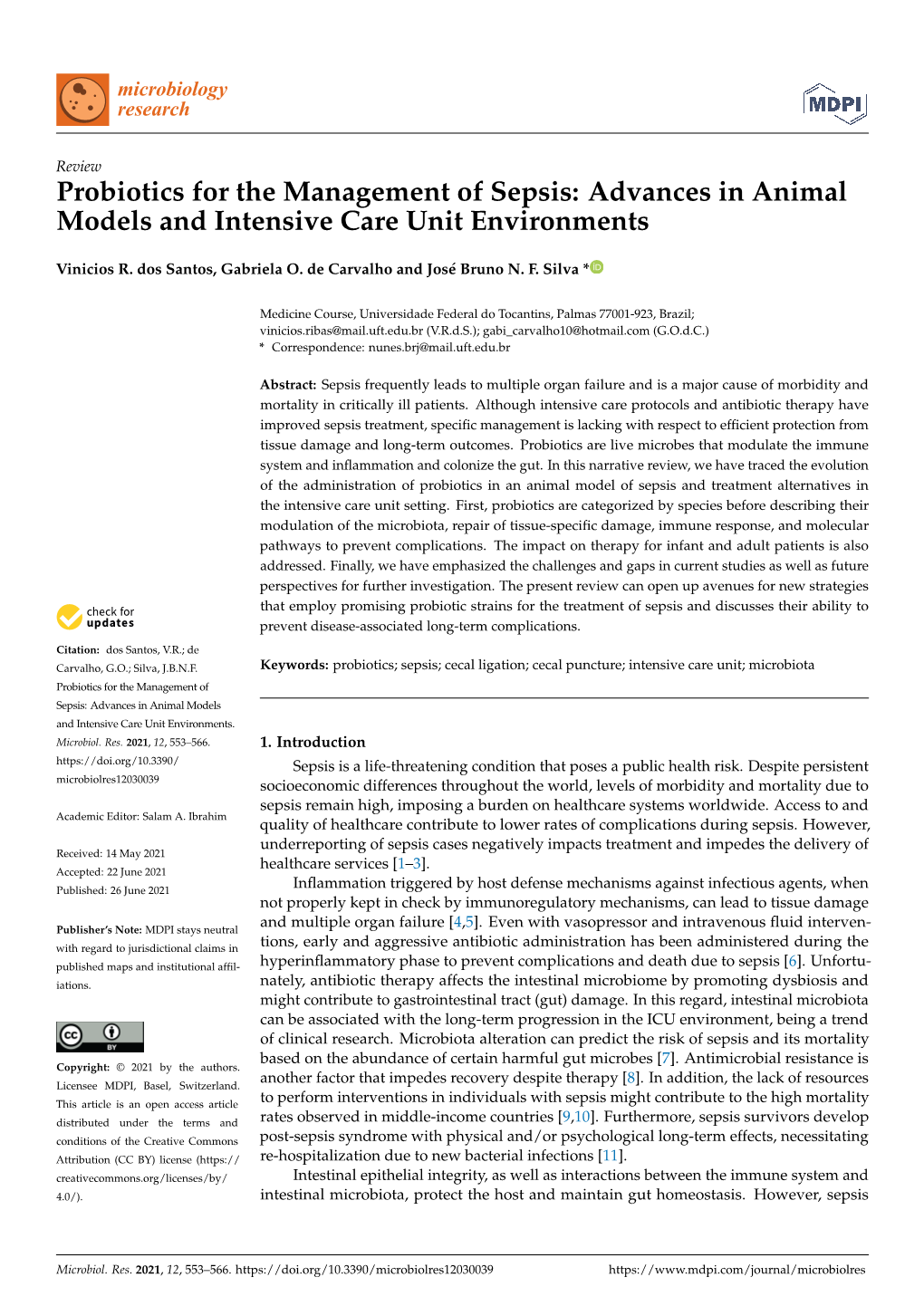 Probiotics for the Management of Sepsis: Advances in Animal Models and Intensive Care Unit Environments