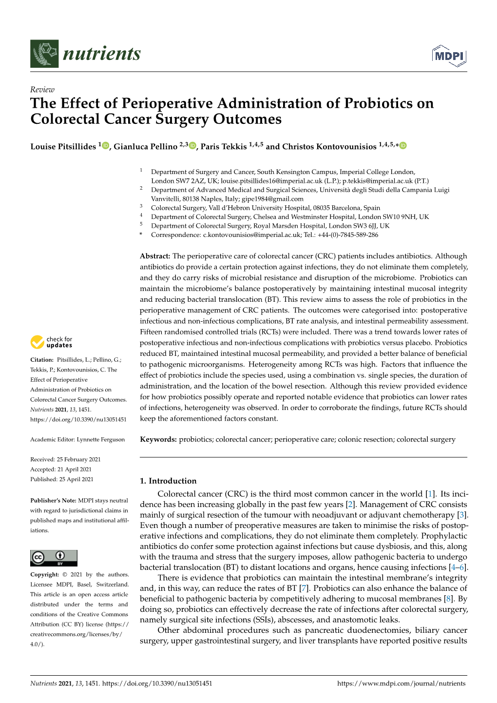 The Effect of Perioperative Administration of Probiotics on Colorectal Cancer Surgery Outcomes