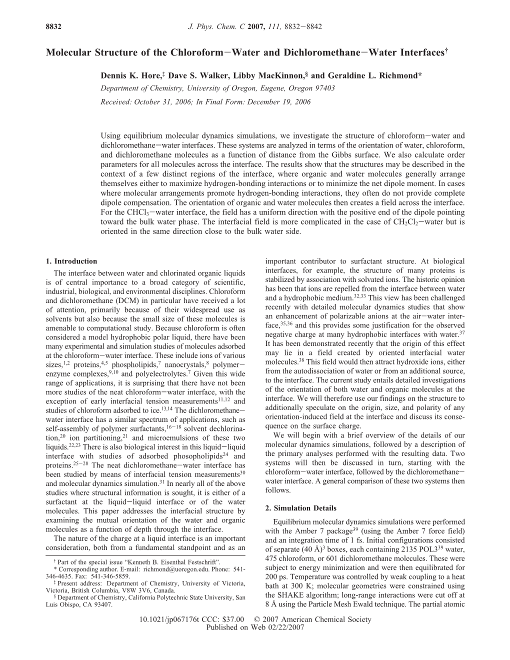 Molecular Structure of the Chloroform-Water and Dichloromethane-Water Interfaces†