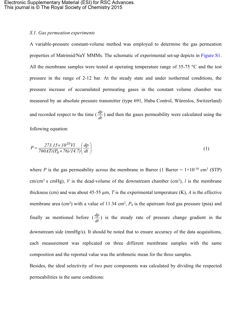 S.1. Gas Permeation Experiments a Variable-Pressure Constant-Volume