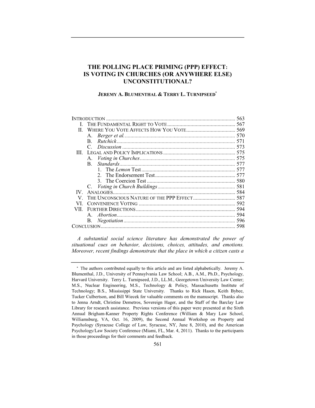 The Polling Place Priming (Ppp) Effect: Is Voting in Churches (Or Anywhere Else) Unconstitutional?