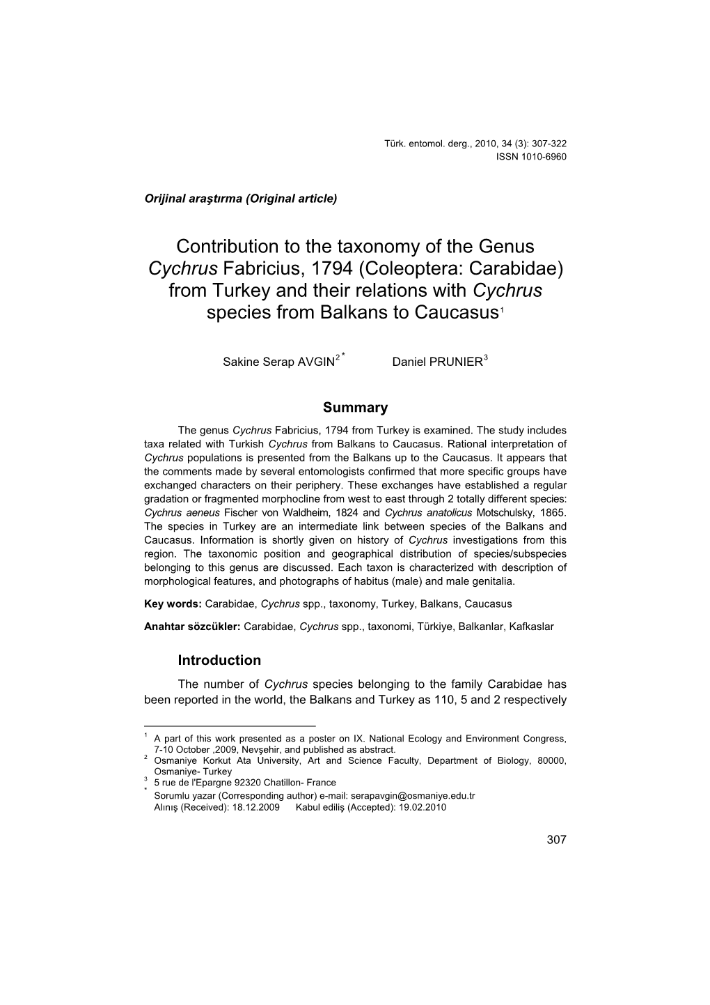 Contribution to the Taxonomy of the Genus Cychrus Fabricius, 1794