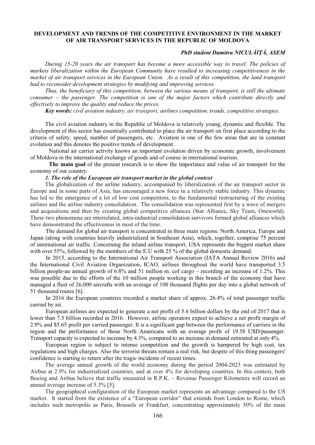 Development and Trends of the Competitive Environment in the Market of Air Transport Services in the Republic of Moldova