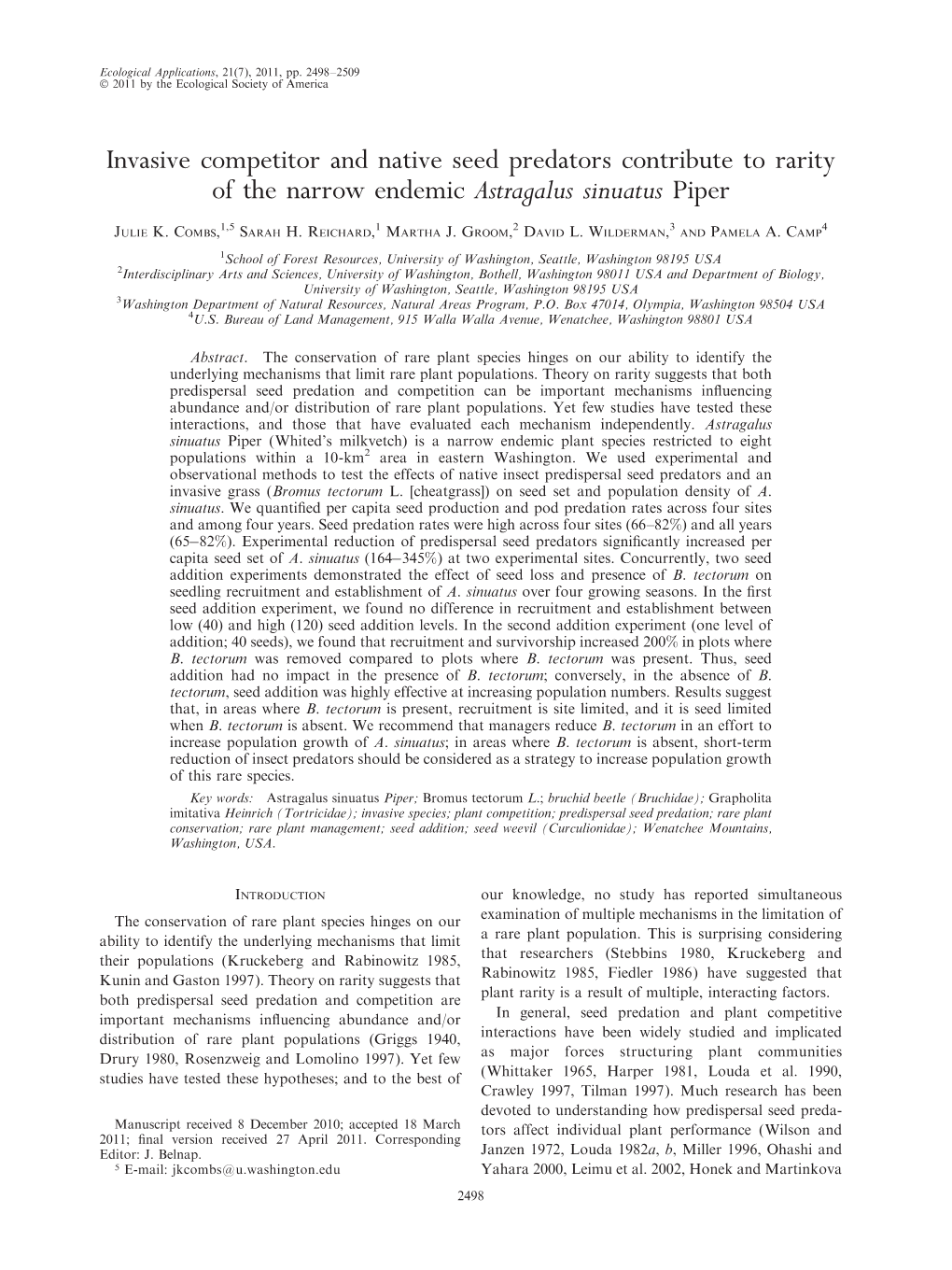 Invasive Competitor and Native Seed Predators Contribute to Rarity of the Narrow Endemic Astragalus Sinuatus Piper