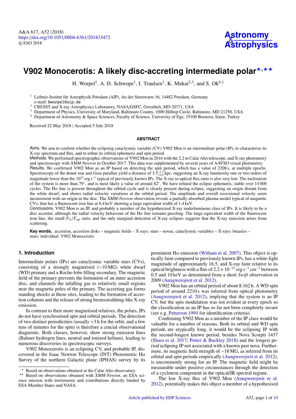 V902 Monocerotis: a Likely Disc-Accreting Intermediate Polar?,?? H
