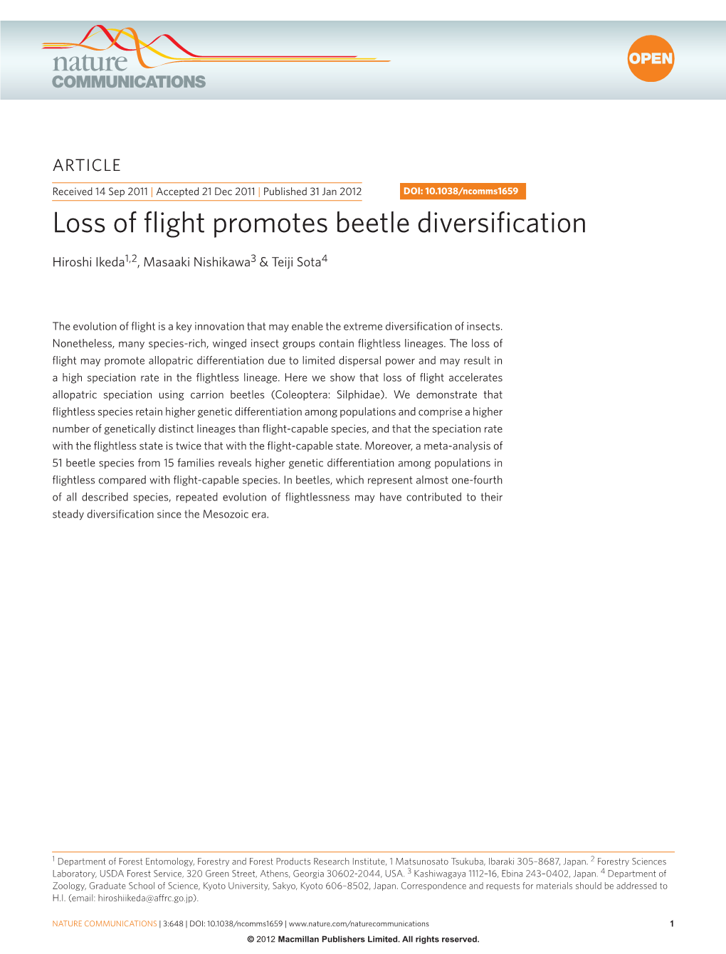 Loss of Flight Promotes Beetle Diversification