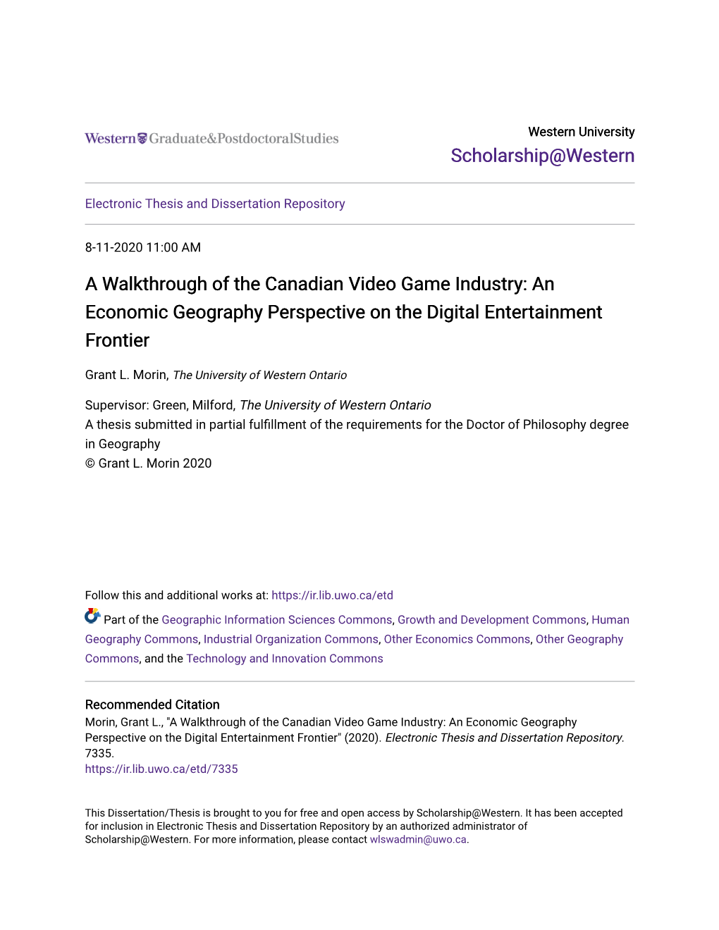 A Walkthrough of the Canadian Video Game Industry: an Economic Geography Perspective on the Digital Entertainment Frontier