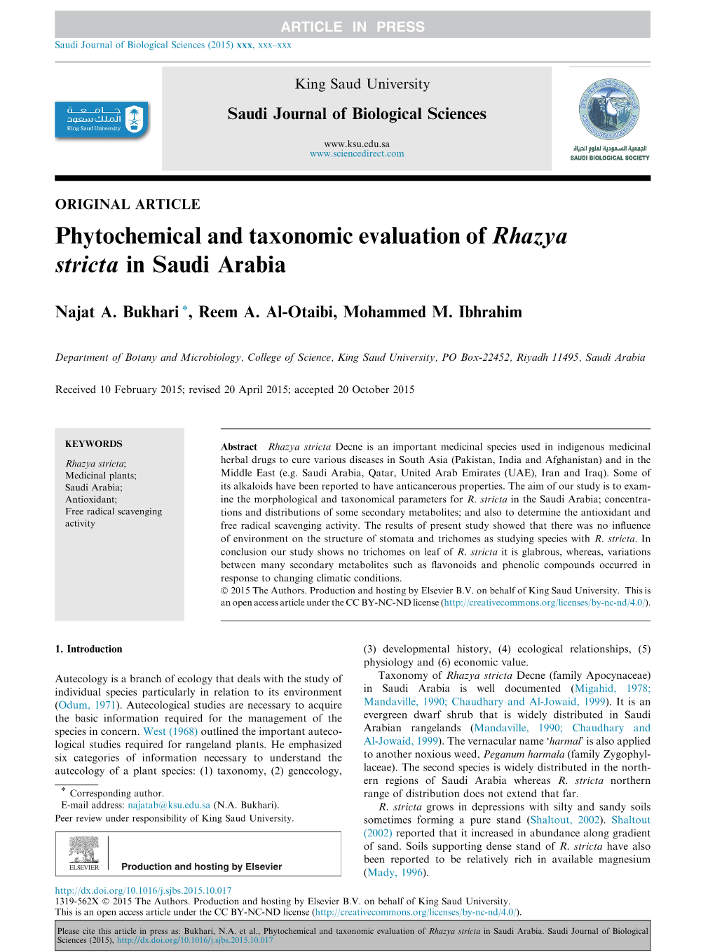 Phytochemical and Taxonomic Evaluation of Rhazya Stricta in Saudi Arabia