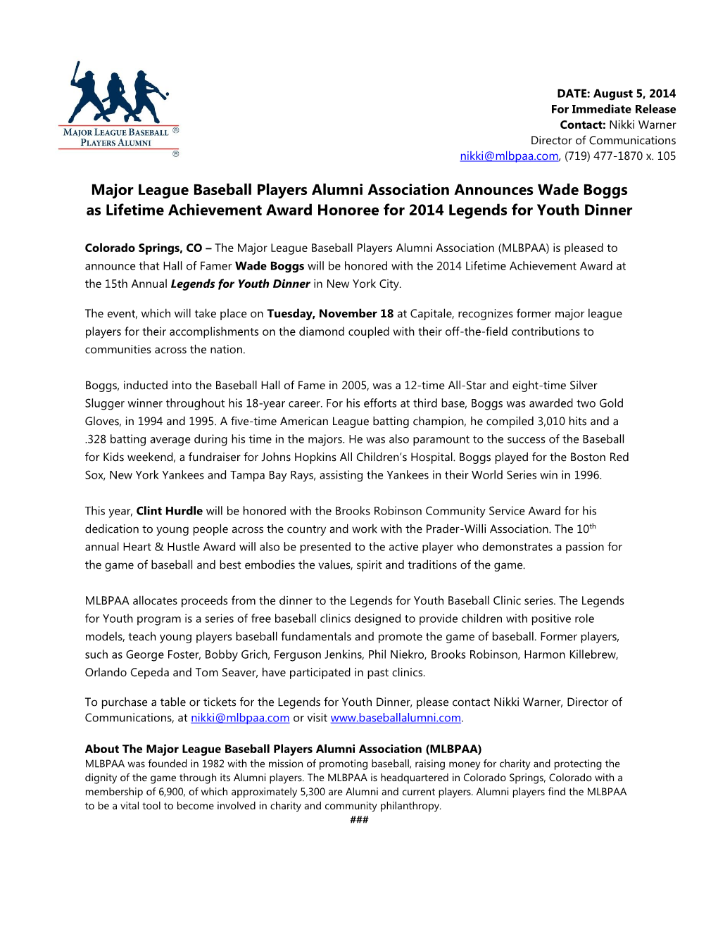 Major League Baseball Players Alumni Association Announces Wade Boggs As Lifetime Achievement Award Honoree for 2014 Legends for Youth Dinner