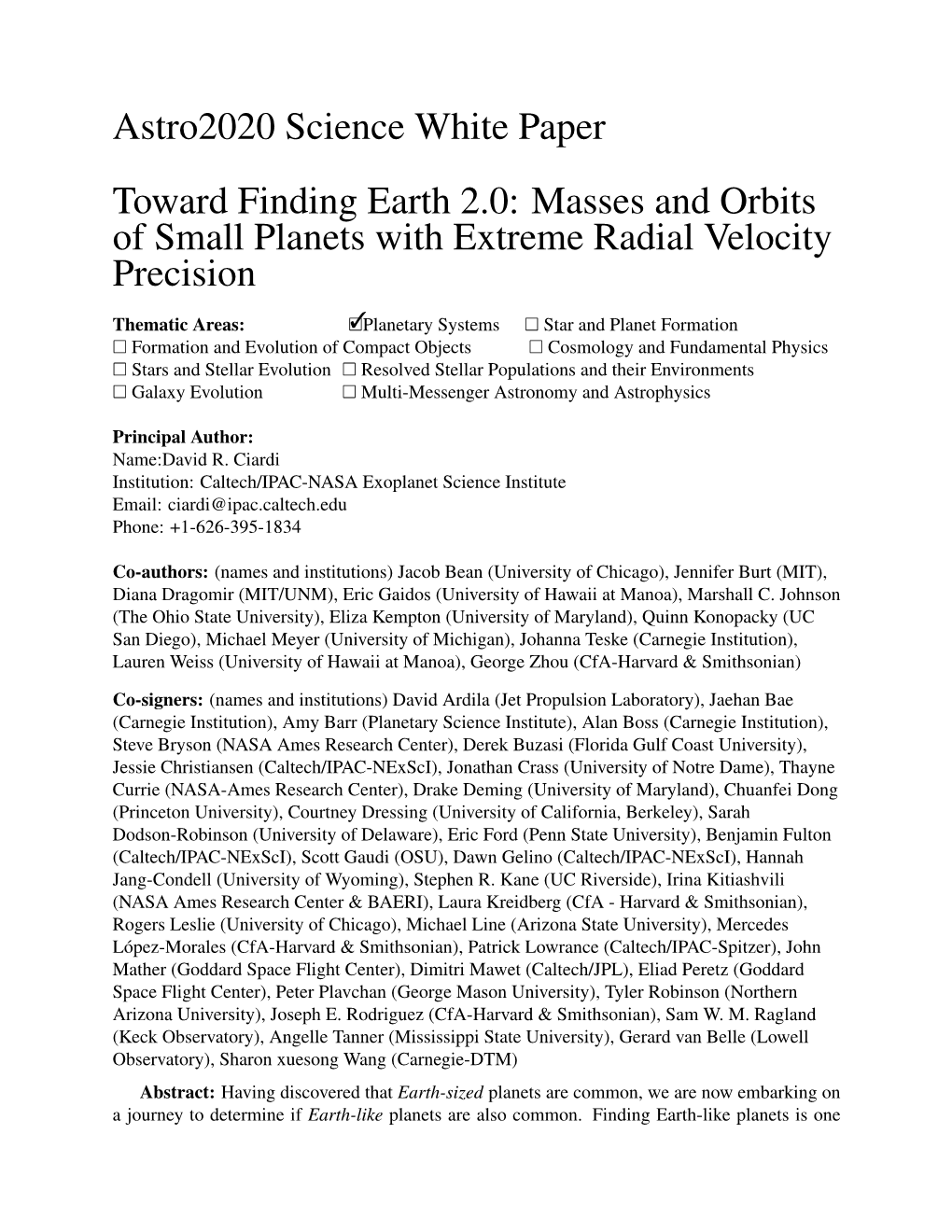 Astro2020 Science White Paper Toward Finding Earth 2.0: Masses and Orbits of Small Planets with Extreme Radial Velocity Precision