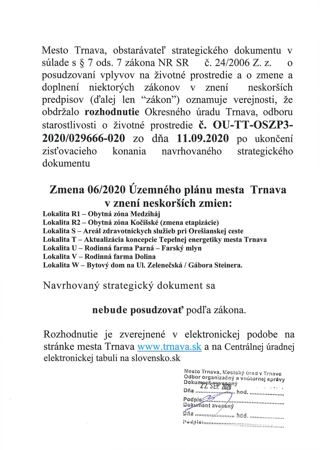 2020/029666-020 Zo Dňa 11.09.2020 Po Ukončení Zísťovacieho Konania Navrhovaného Strategického Dokumentu