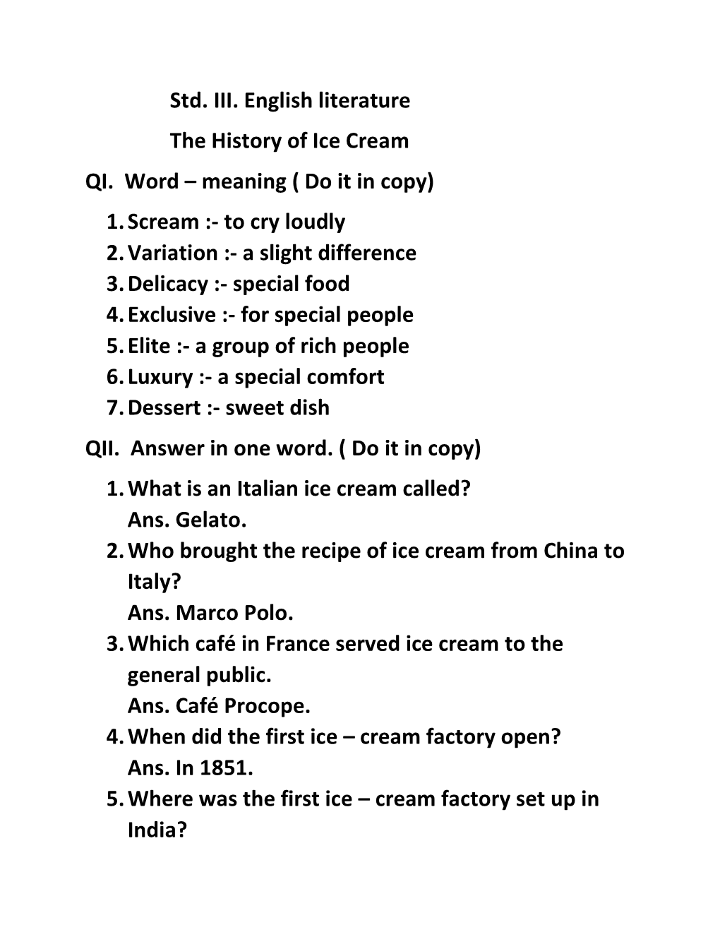 Std. III. English Literature the History of Ice Cream QI. Word – Meaning ( Do It in Copy)