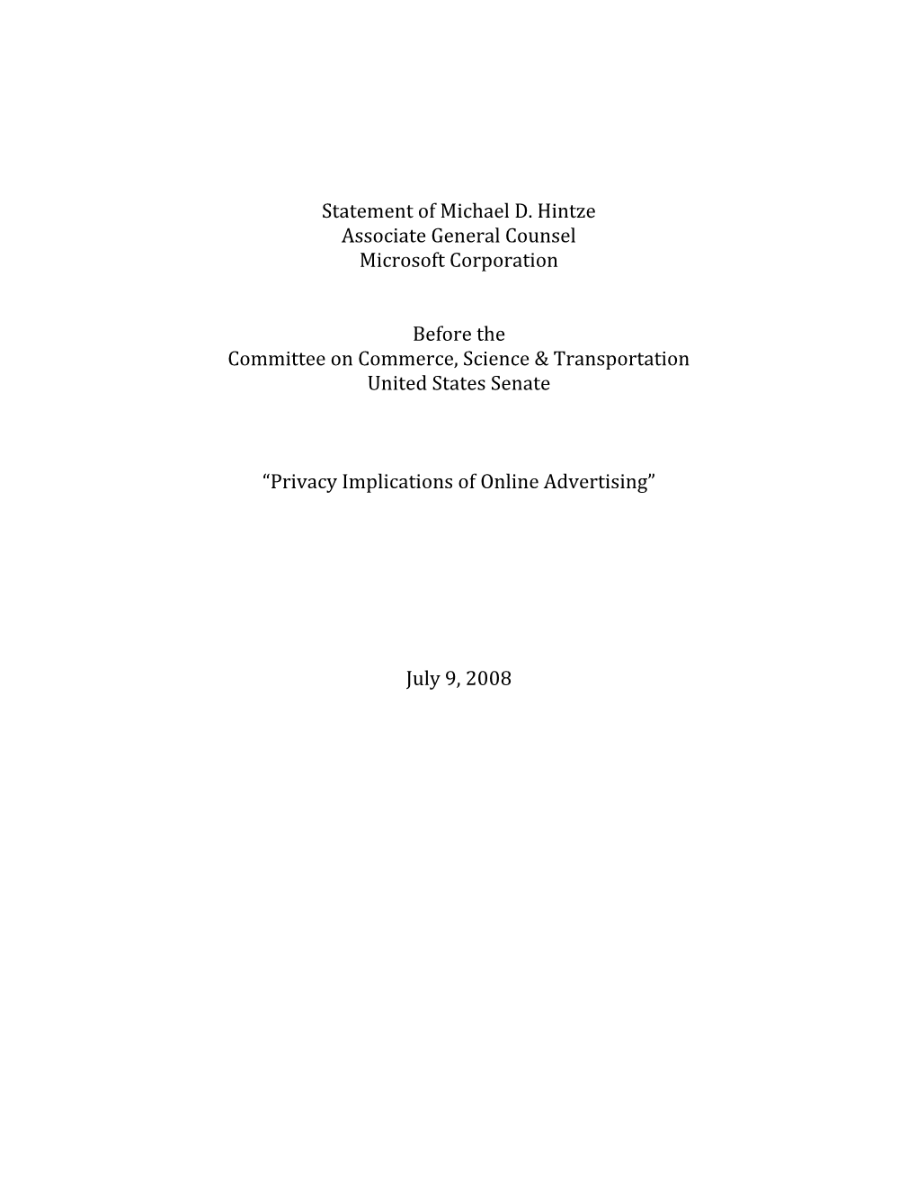 Statement of Michael D. Hintze Associate General Counsel Microsoft Corporation