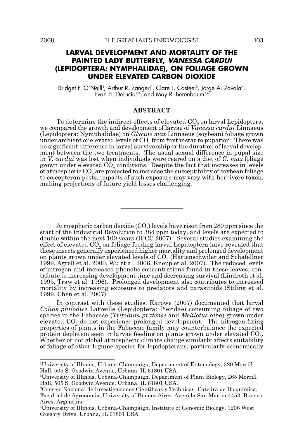 Larval Development and Mortality of the Painted Lady Butterfly, Vanessa Cardui (Lepidoptera: Nymphalidae), on Foliage Grown Under Elevated Carbon Dioxide Bridget F