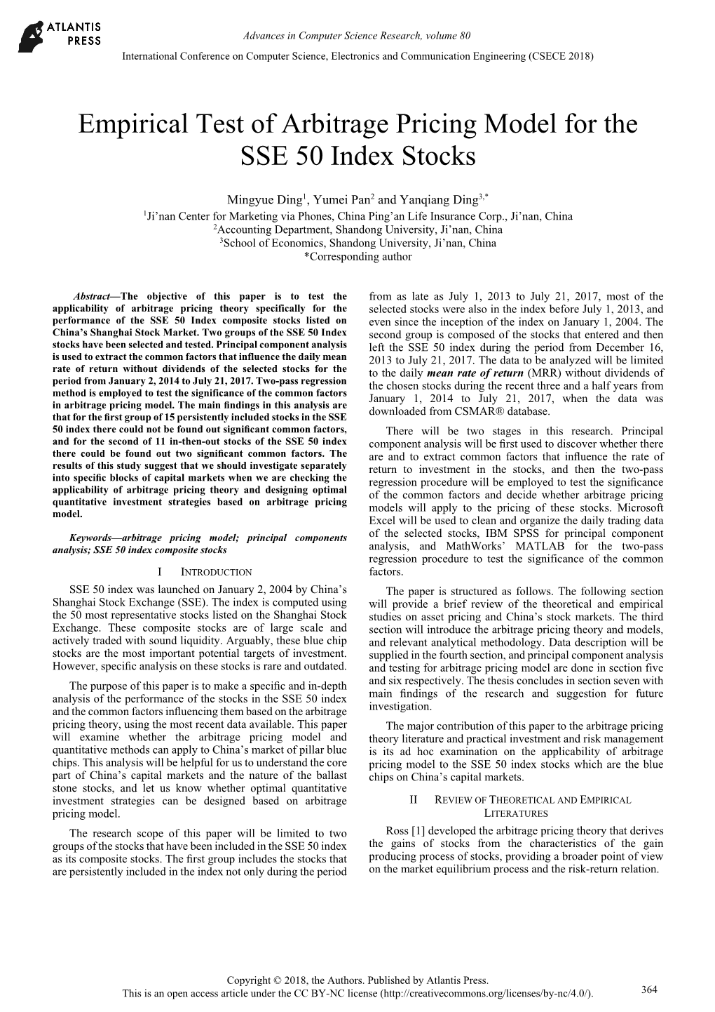 Empirical Test of Arbitrage Pricing Model for the SSE 50 Index Stocks