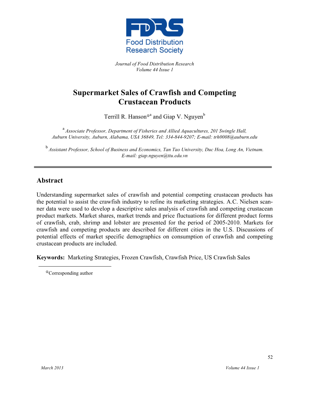 Supermarket Sales of Crawfish and Competing Crustacean Products