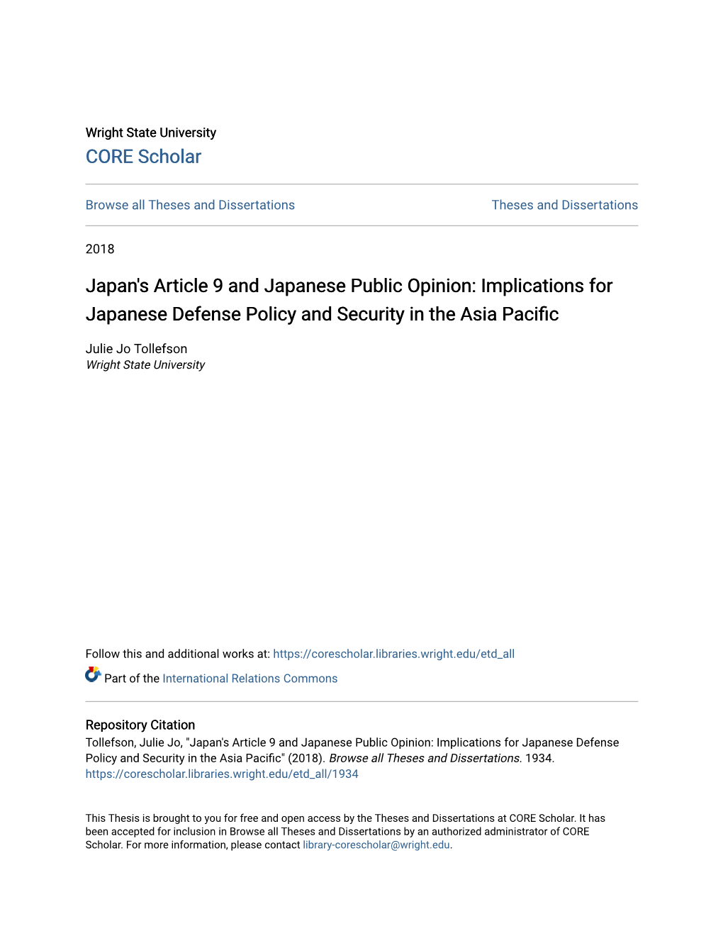 Japan's Article 9 and Japanese Public Opinion: Implications for Japanese Defense Policy and Security in the Asia Pacific