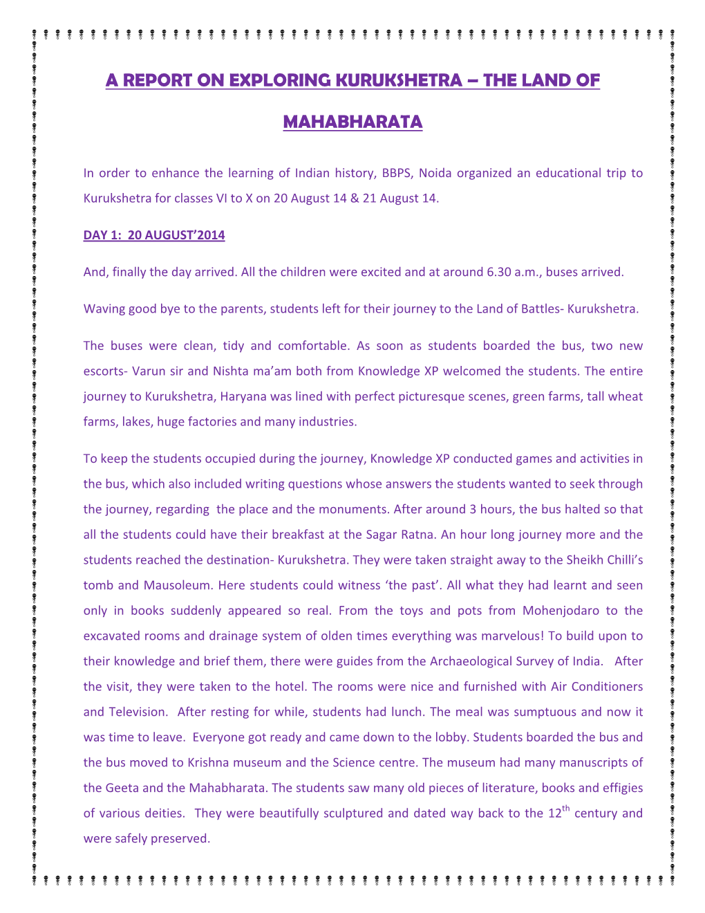 A Report on Exploring Kurukshetra – the Land Of