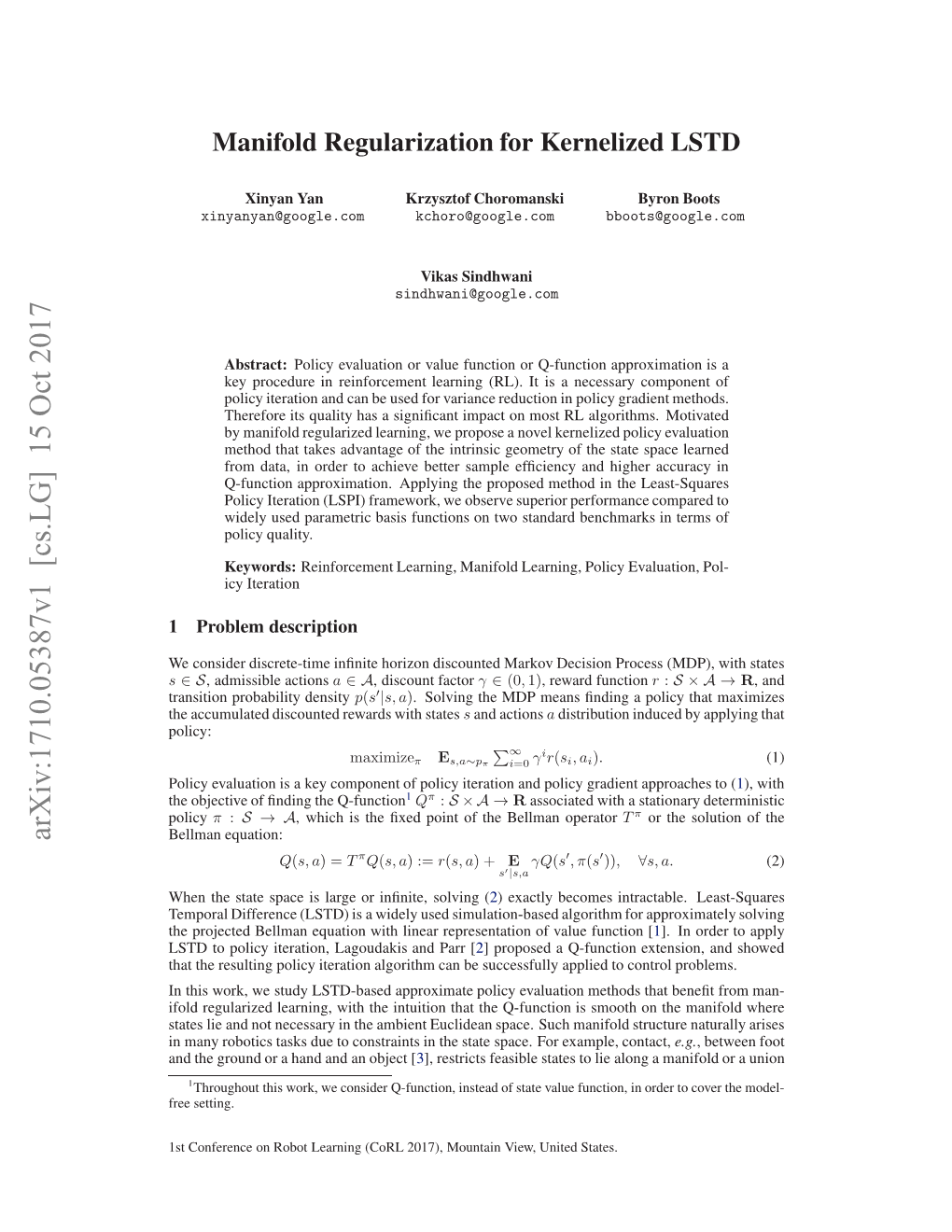 Manifold Regularization for Kernelized LSTD