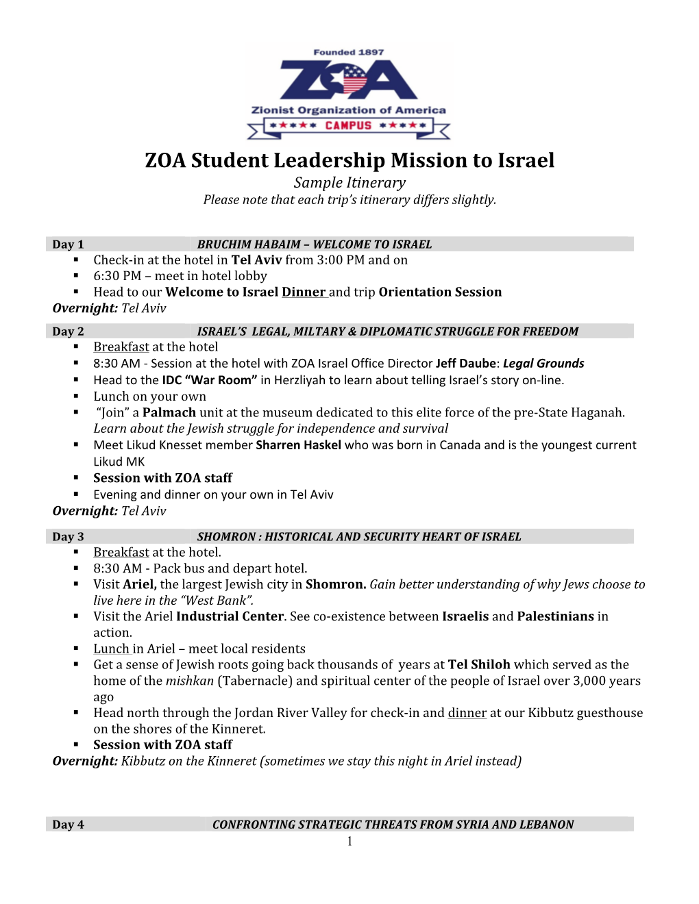 ZOA Student Leadership Mission to Israel Sample Itinerary Please Note That Each Trip’S Itinerary Differs Slightly
