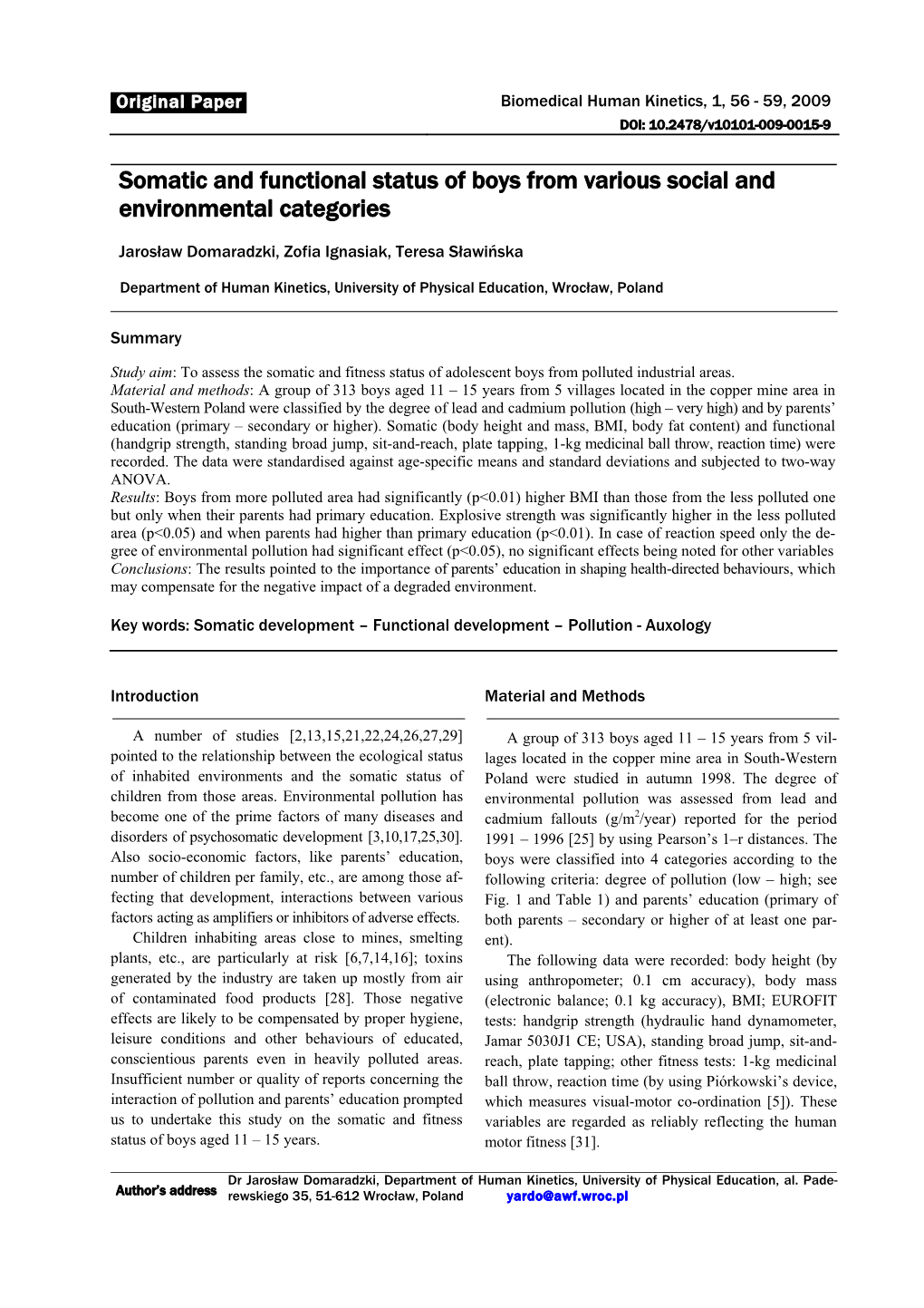 Somatic and Functional Status of Boys from Various Social and Environmental Categories