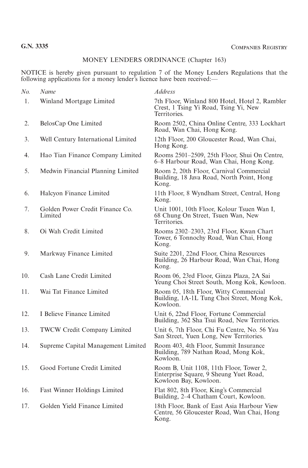 GN 3335 Companies Registry MONEY LENDERS ORDINANCE