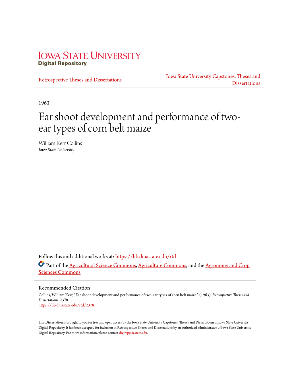 Ear Shoot Development and Performance of Two-Ear Types of Corn Belt Maize " (1963)