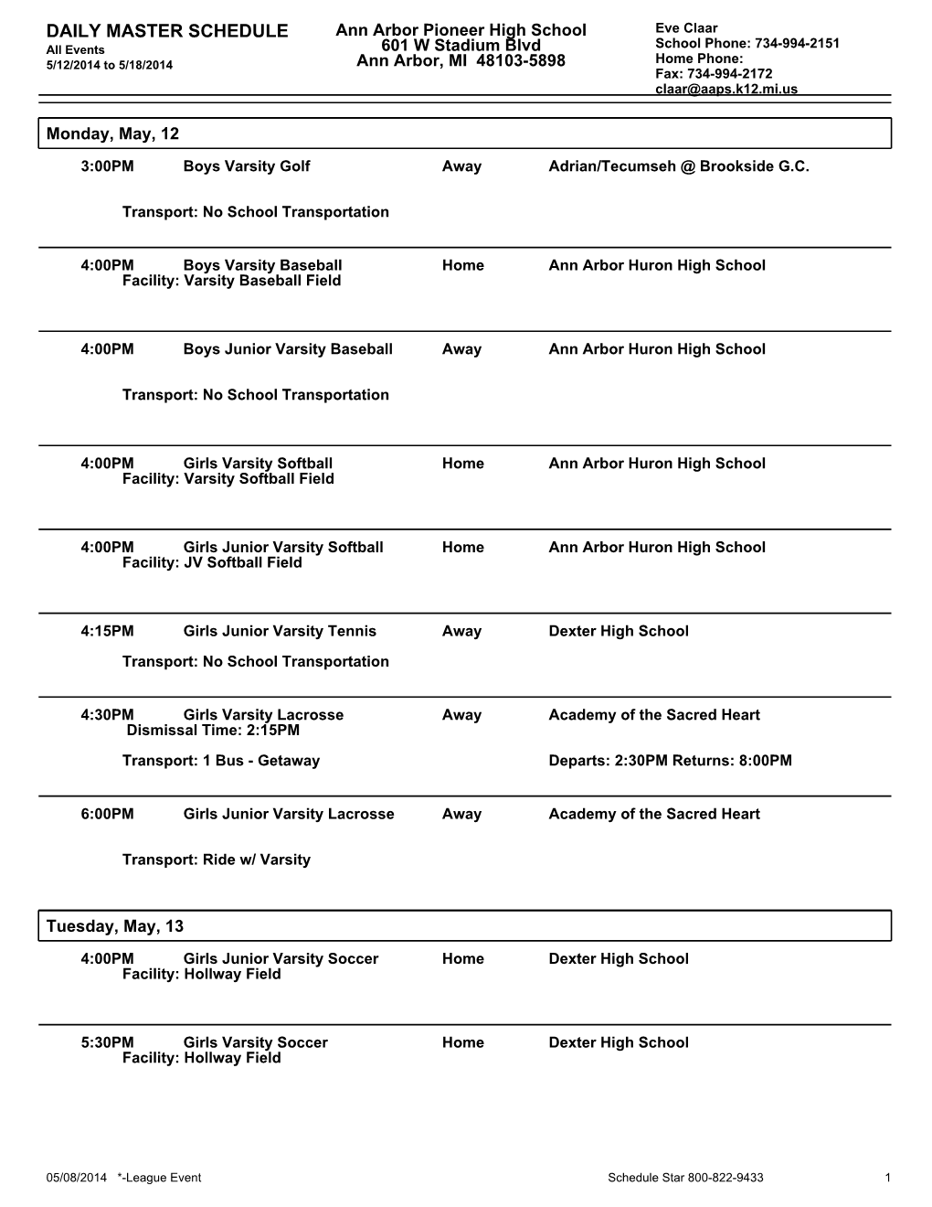 Daily Master Schedule