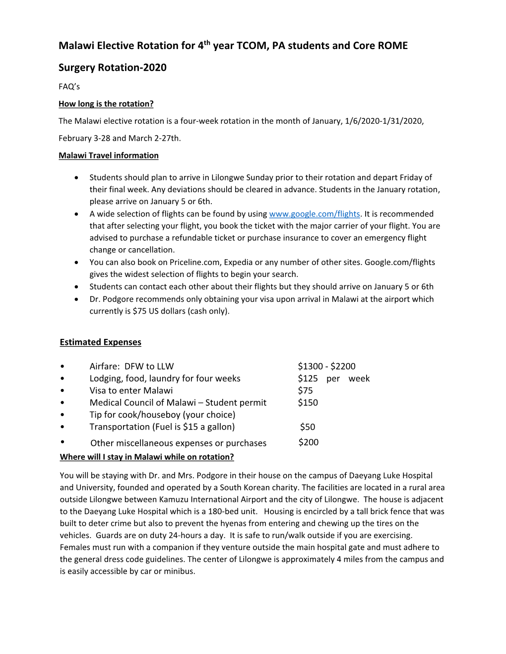 Malawi Elective Rotation for 4Th Year TCOM, PA Students and Core