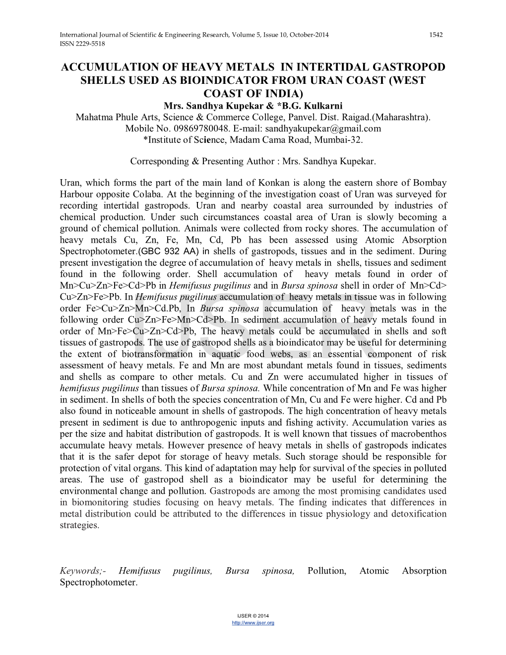 ACCUMULATION of HEAVY METALS in INTERTIDAL GASTROPOD SHELLS USED AS BIOINDICATOR from URAN COAST (WEST COAST of INDIA) Mrs