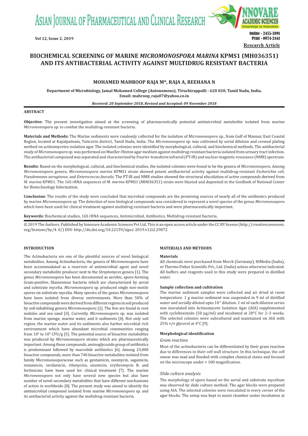 Biochemical Screening of Marine Micromonospora Marina Kpms1 (Mh036351) and Its Antibacterial Activity Against Multidrug Resistant Bacteria