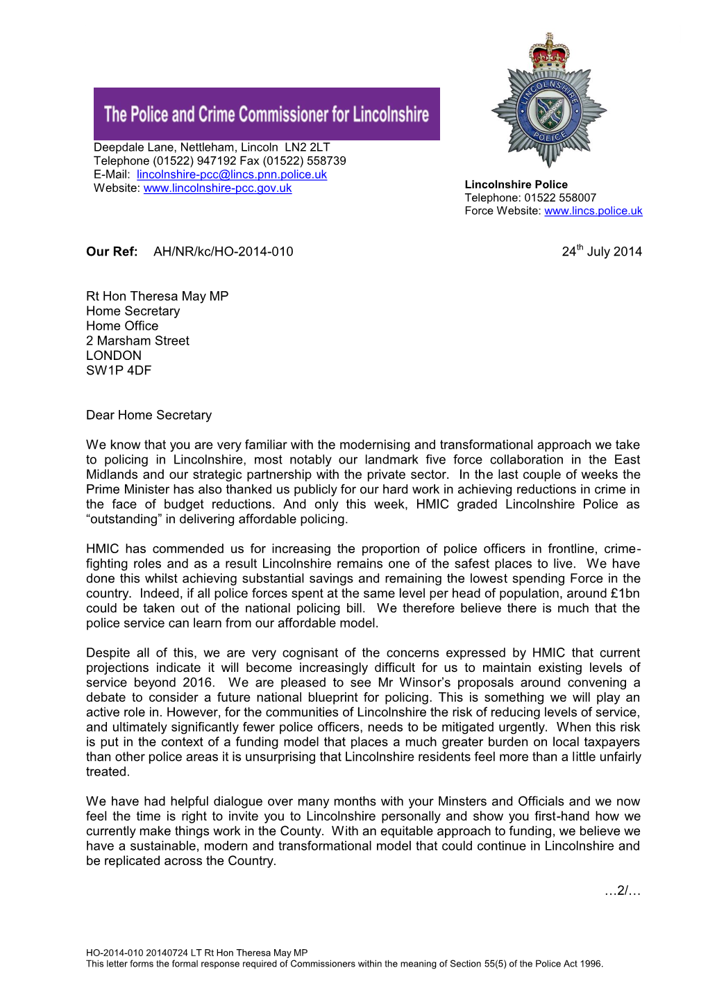 HMIC 2014-07-24 010 LT Rt Hon Theresa May: PCC Response