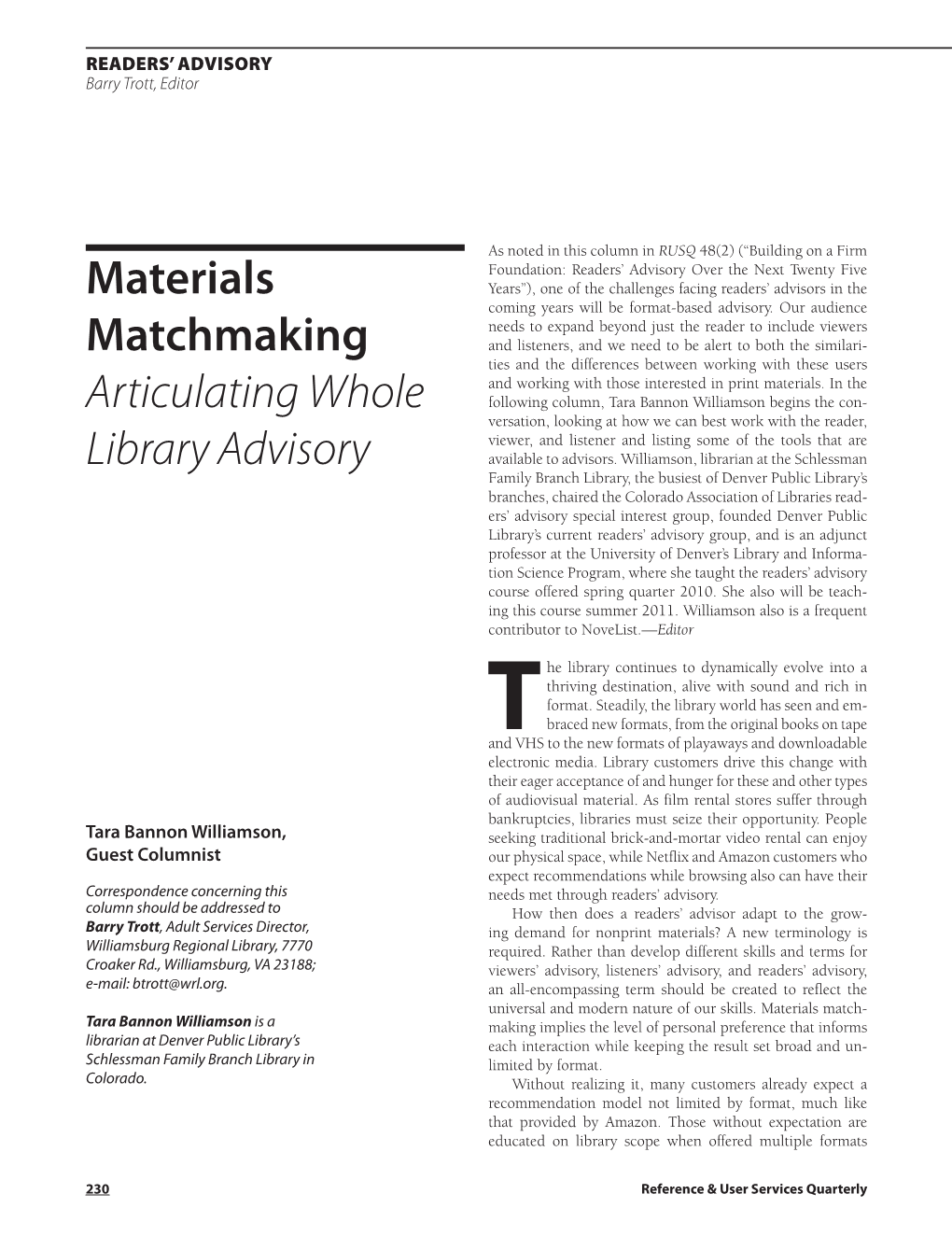 Materials Matchmaking Articulating Whole Library Advisory