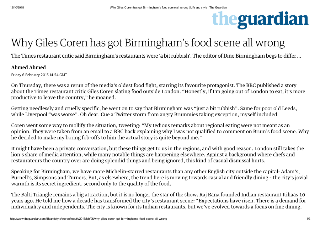 Why Giles Coren Has Got Birmingham's Food Scene All Wrong