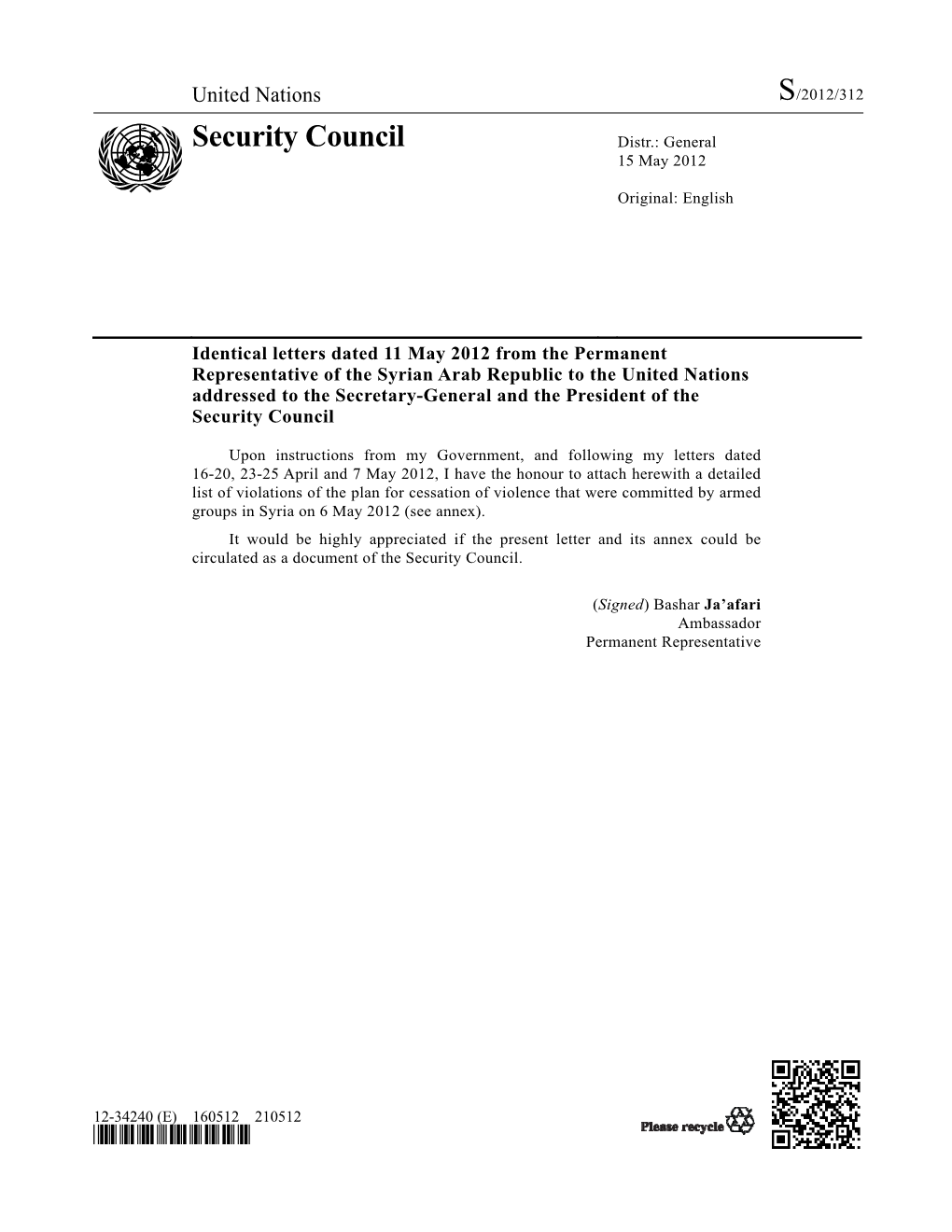 Security Council Distr.: General 15 May 2012