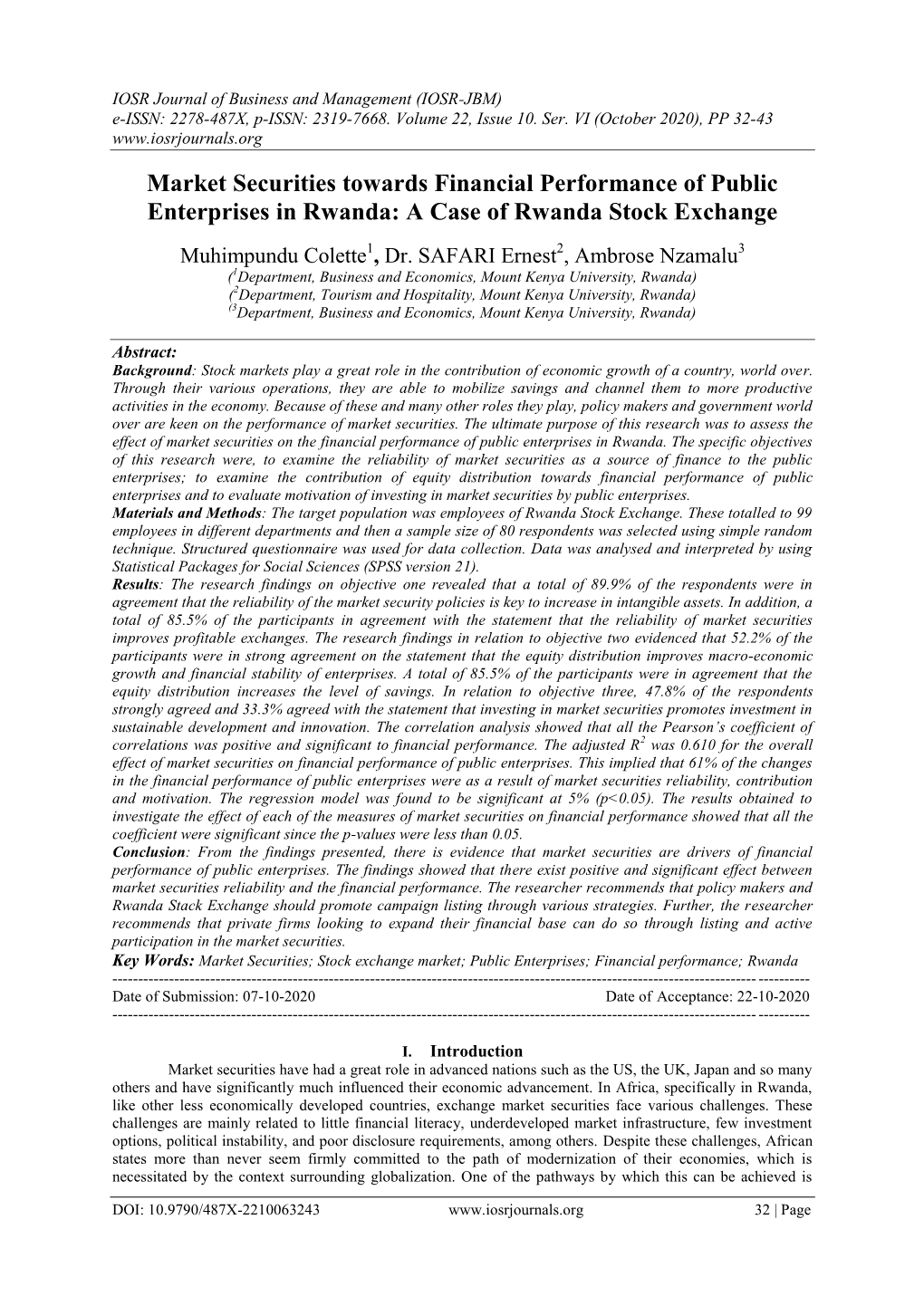 Market Securities Towards Financial Performance of Public Enterprises in Rwanda: a Case of Rwanda Stock Exchange