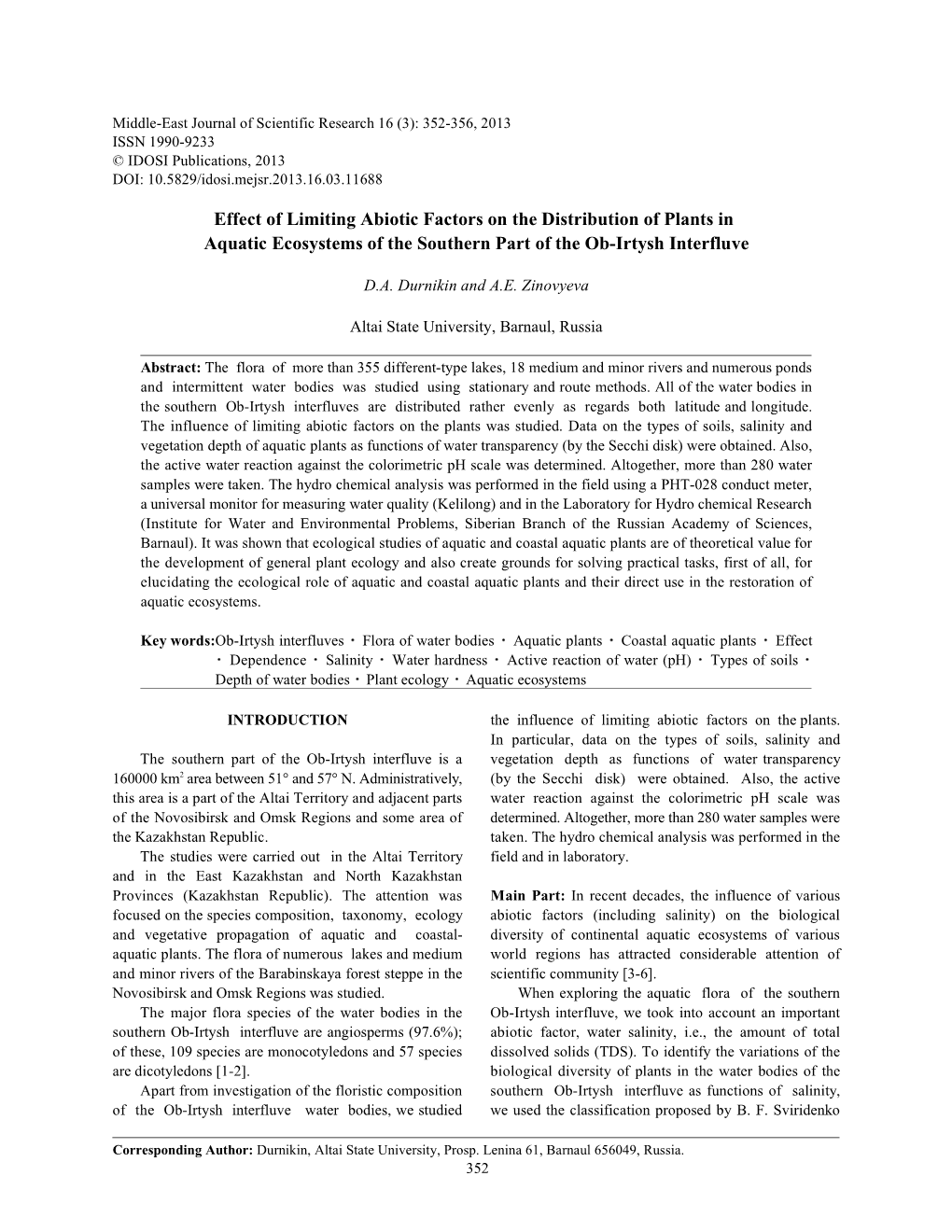 Effect of Limiting Abiotic Factors on the Distribution of Plants in Aquatic Ecosystems of the Southern Part of the Ob-Irtysh Interfluve