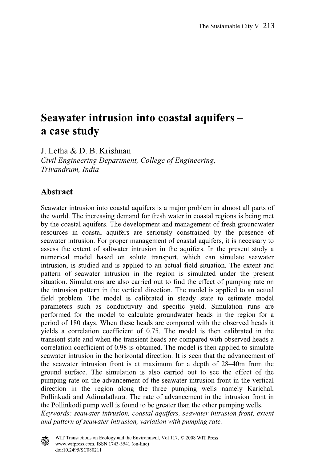 Seawater Intrusion Into Coastal Aquifers – a Case Study